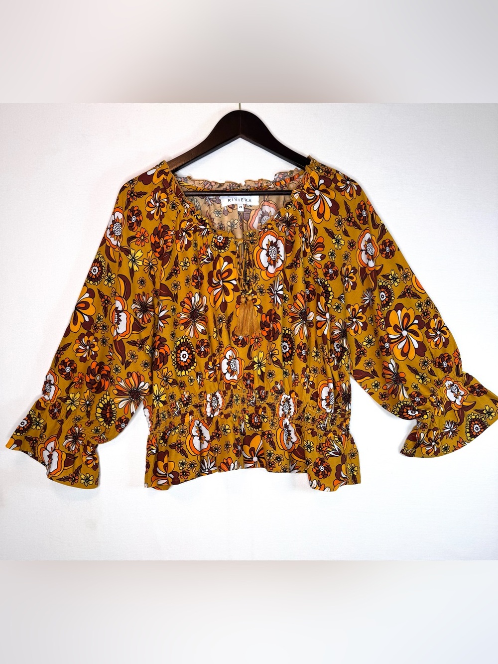 Margaux Riviera Top 2XL ruffle blouse yellow orange Retro Hippie Flower Child